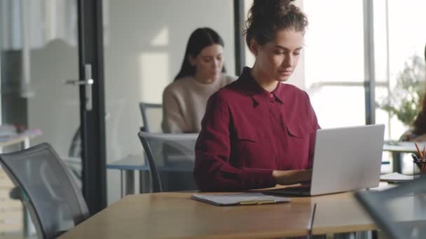 Mladá Brunetka Podnikatelka Sedí Stolem Otevřeném Prostoru Kanceláře Pracuje Notebooku — Stock video