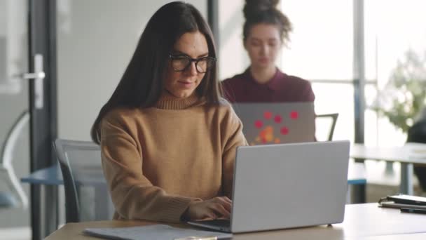 Młoda Brunetka Bizneswoman Okularach Swobodny Sweter Wpisując Laptopie Biurze Ciągu — Wideo stockowe