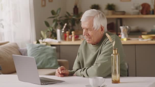 Cheerful Senior Man Sitting Home Smiling Waving Talking Online Video — Stock Video