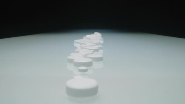 Nagyítás Lövés Sok Fehér Gyógyszer Tabletta Rendezett Egy Sorban Halom — Stock videók