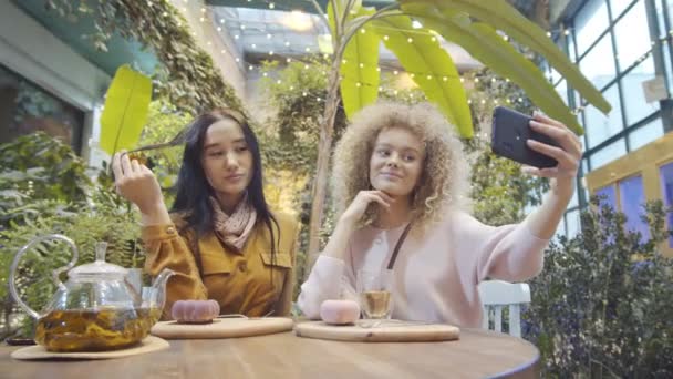 Genç Sarışın Bir Kadın Asyalı Bir Bayan Arkadaşı Akıllı Telefonlarıyla — Stok video