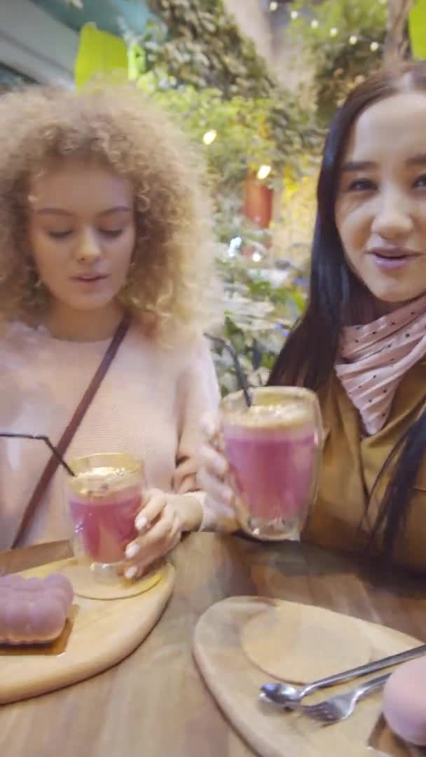 Foto Vertical Duas Jovens Blogueiras Lindas Contando Sobre Coquetéis Frutados — Vídeo de Stock