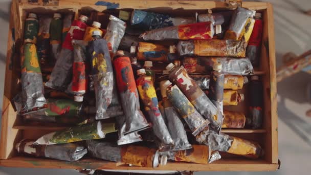 Top Close Shot Many Paint Tubes Wooden Case Art Studio — Stock Video