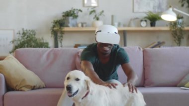 VR kulaklıklı genç Afro-Amerikalı adam evdeki kanepede oturuyor, gülümsüyor ve artırılmış gerçeklikte video oyunu oynarken tatlı Golden Retriever köpeğine dokunuyor.