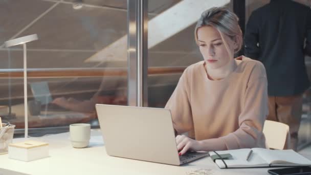 Mulher Loira Bonita Nova Desgaste Casual Usando Laptop Mesa Escritório — Vídeo de Stock