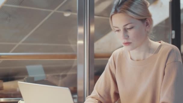 Incline Tiro Jovem Bela Mulher Loira Suéter Bege Trabalhando Laptop — Vídeo de Stock