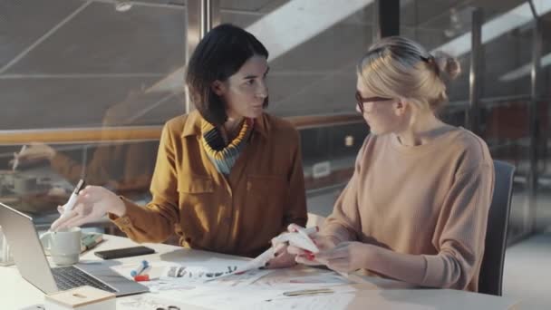 Two Female Fashion Designers Working Sketches Laptop Desk Looking Camera — Stock Video