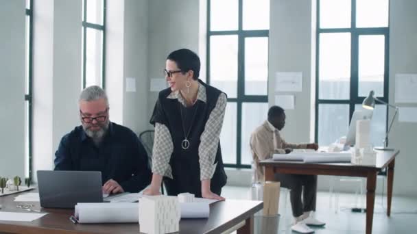 Enthousiaste Femme Affaires Âge Moyen Discutant Projet Ordinateur Portable Avec — Video