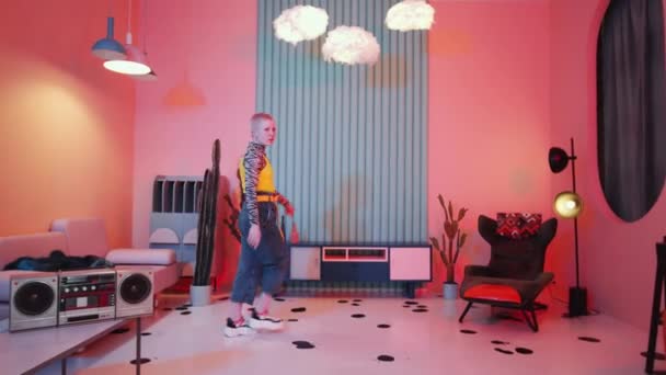 Young Shorthaired Woman Hipster Outfit Going Vintage Studio Pink Light — Stock Video