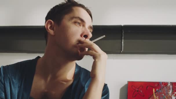 Chest Shot Young Transgender Man Silk Bata Sitting Home Drinking — Vídeos de Stock