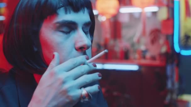 Portrait Nervous Unhappy Transgender Man Lighting Cigarette Shaky Hands Taking — Stock Video