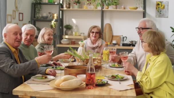 Cheerful Senior Men Women Sitting Together Dinner Table Holding Drinks — Stock Video