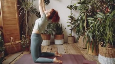 Spor giysili genç bir kadının spor kıyafetleri içinde dizlerinin üstüne çöküp deve pozu verirken kapalı alanda bitkilerle dolu bahçede yoga yaparken çekimini yakınlaştır.