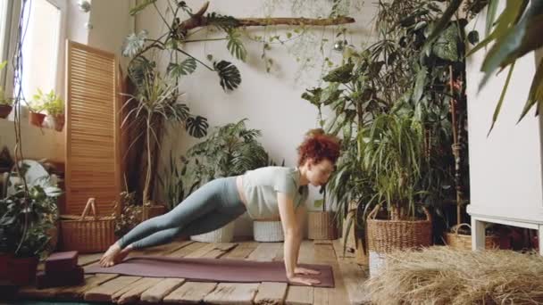 Spor Giyimli Genç Sıska Bir Kadın Paspasın Üzerinde Yoga Yapıyor — Stok video