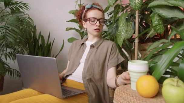 Gözlüklü Günlük Giysili Genç Bir Kadın Dizüstü Bilgisayar Kullanıyor Evdeki — Stok video