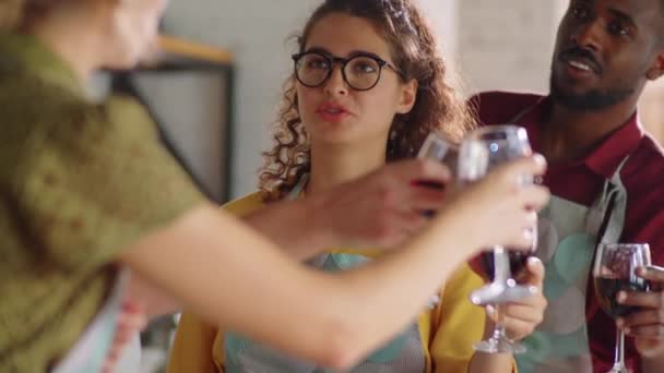 Company Young Multiethnic Friends Clinking Glasses Toast Drinking Wine Cooking — Stock Video