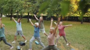 Spor giyim bölümündeki bir grup son sınıf öğrencisini yaz günü dışarıda bayan eğitmenle parkta yoga yapmaya itin.