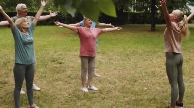 Bir grup yaşlı erkek ve kadın spor giyim mağazasında kadın fitness eğitmeniyle ısınma egzersizi yaparken parkta durup kollarını kaldırıyorlar.