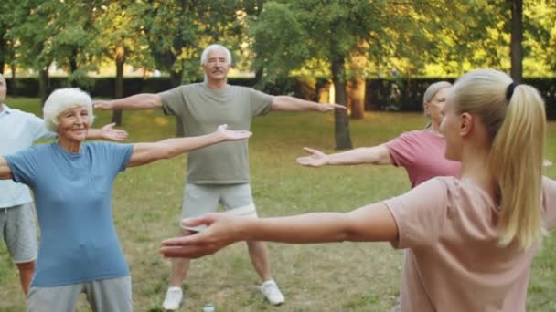 Группа Старших Мужчин Женщин Спортивной Одежде Занимающихся Парке Инструктором Фитнесу — стоковое видео