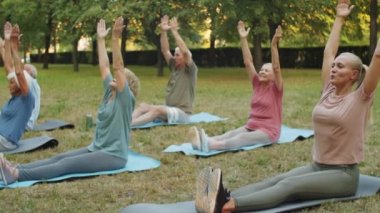 Park yerinde yoga yaparken egzersiz paspasları üzerinde öne eğilip antrenman yapan bir grup yaşlı erkek, kadın ve genç çalıştırıcının görüntülerini izliyoruz.