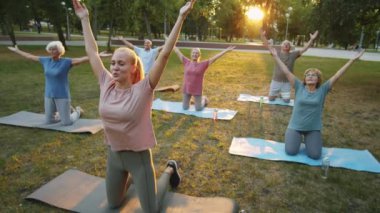 Kadın antrenör ve bir grup yaşlı kadın ve erkeğin parkta dizlerinin üzerinde durup kollarını kaldırıp akşam yoga antrenmanı sırasında Namaste 'ı tutarken çekilmiş.