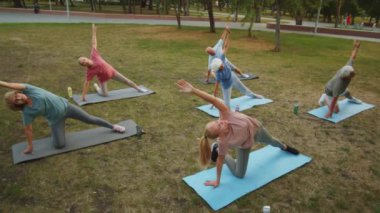 Bir grup son sınıf öğrencisi ve genç bayan eğitmen yaz günü açık havada yoga yaparken parkta paspaslarda poz veriyorlar.