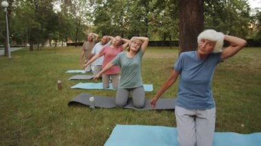 Spor giyimli yaşlı erkek ve kadınların parkta yoga antrenmanı sırasında minderlere boyun esnetme egzersizi yapmalarının Dolly 'si.