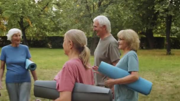 Grupp Glada Äldre Människor Promenader Parken Med Träningsmattor Och Hälsning — Stockvideo