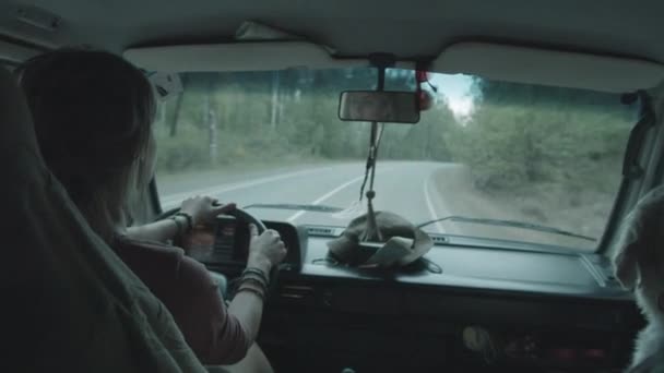 从后面的妇女驾驶面包车和爱抚可爱的黄金猎犬骑在乘客座位上观看 — 图库视频影像