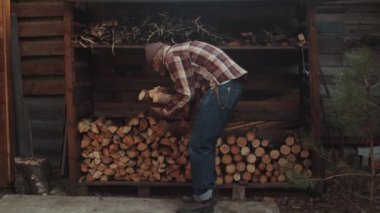 Şapkalı ve oduncu gömlekli genç beyaz adam odunluktan odun topluyor ve taşıyor.