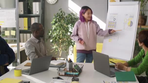 アジア系の若い陽気な女性がフリップチャートを指摘し オフィスミーティング中に多民族混合年齢の同僚へのプレゼンテーションを説明します — ストック動画