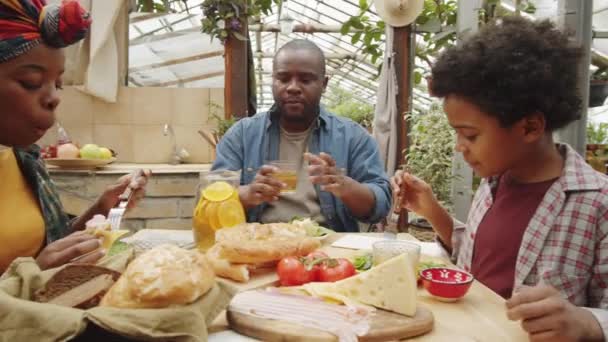 アフリカ系アメリカ人の家族が温室内のディナーテーブルでチャットや食事をしている — ストック動画