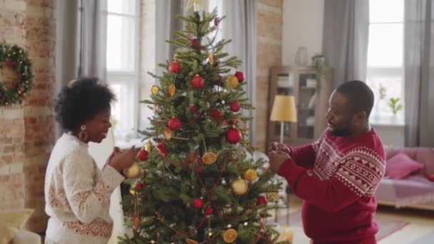 正アフリカ系アメリカ人の家族のカップルが一緒にクリスマスツリーを飾るとお祝いのために家を準備しながらチャット — ストック動画