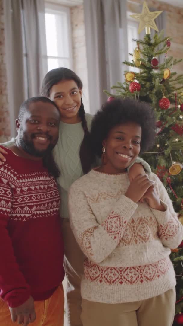 幸せなアフリカ系アメリカ人の女の子の垂直ショットは 家庭でクリスマスツリーの近くにポーズをとりながら カメラを見て笑顔 — ストック動画
