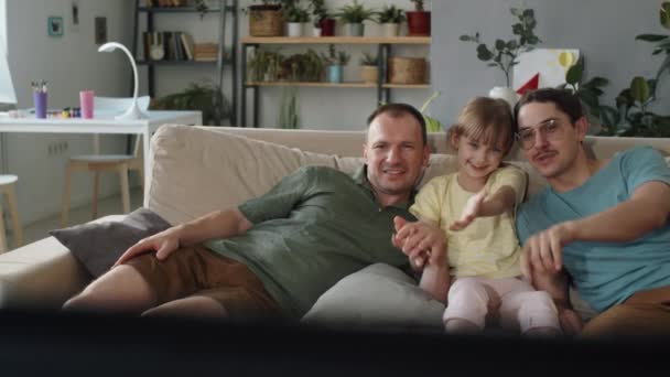 Slow Motion Shot Happy Lgbtq Family One Kid Relaxing Living — Vídeo de Stock