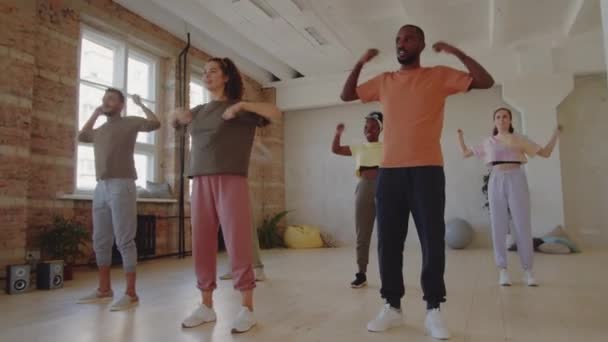 Skupina Mladých Multietnických Lidí Sportovním Oblečení Úsměvem Opakující Taneční Pohyby — Stock video