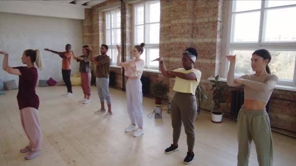 スタジオでのダンス教室で 多民族の男性と女性のグループに振付を説明する若い女性インストラクター — ストック動画