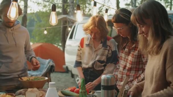 친구들 가랑으로 장식된 야영지에서 식사를 준비하면서 샐러드를 요리하고 채팅을 — 비디오