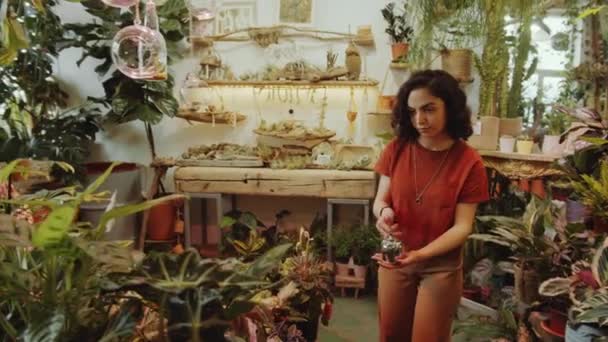 Young Girl Spraying Plants Water Speaking Colleague She Putting Pots — Stock Video