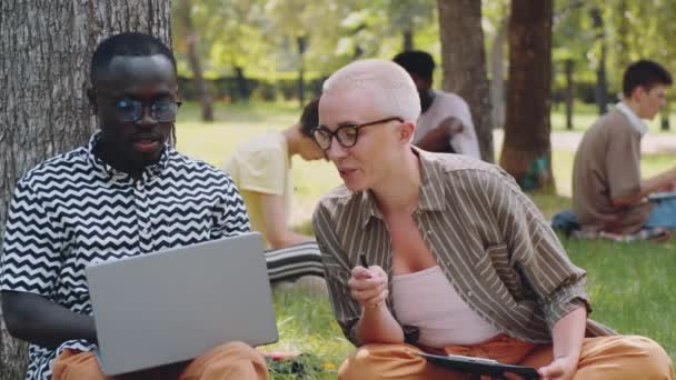 Mladý Afroameričan Sedí Stromu Parku Používá Notebook Diskutuje Kavkazskou Učitelkou — Stock video