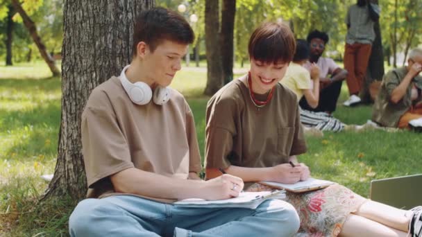 Молода Весела Дівчинка Коледжу Хлопчик Сидячи Разом Траві Парку Роблячи — стокове відео