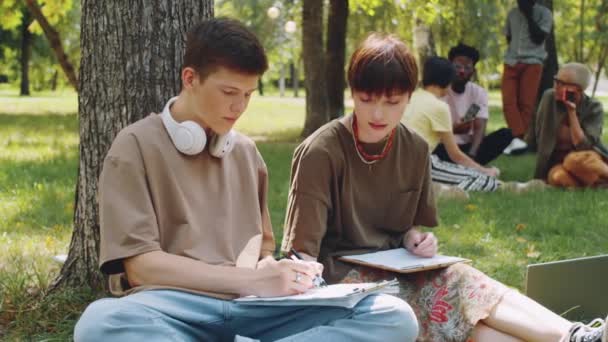 Дівчинка Кавказького Коледжу Хлопчик Сидять Траві Парку Роблять Нотатки Разом — стокове відео