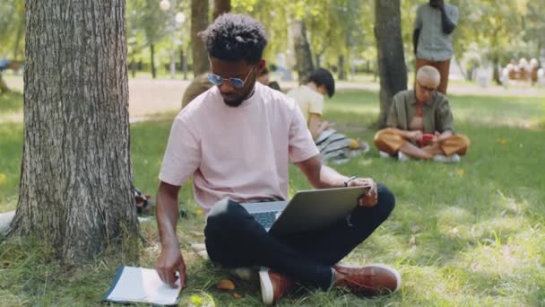 Joven Estudiante Afroamericano Sentado Con Las Piernas Cruzadas Parque Usando — Vídeos de Stock