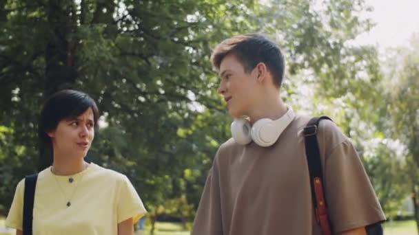 Unga Collegestudenter Går Tillsammans Parken Sommardagen Och Diskuterar — Stockvideo