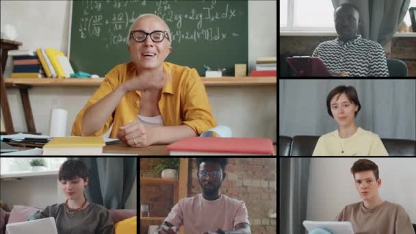 Interfaz Videollamada Grupal Una Profesora Que Lecciones Línea Estudiantes Multiétnicas — Vídeos de Stock