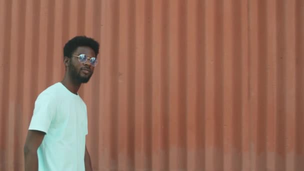 Gözlüklü Sıradan Tişörtlü Afro Amerikan Bir Adam Yaz Günü Şehir — Stok video