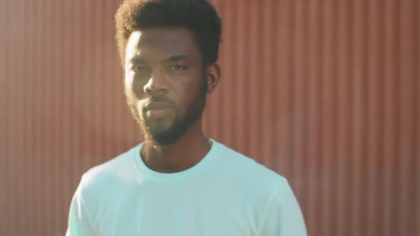 Genç Yakışıklı Afro Amerikalı Bir Adamın Portresi Açık Havada Duruyor — Stok video