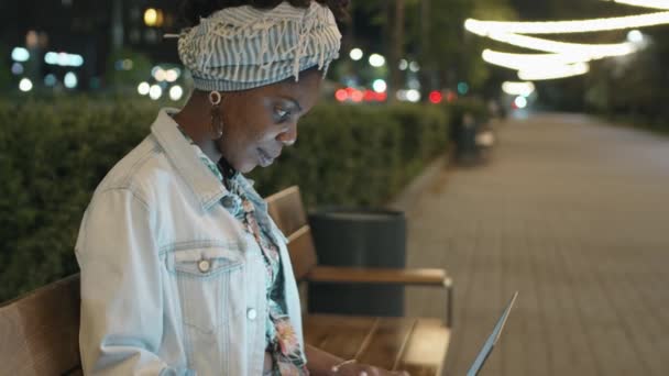 Young Beautiful Afro American Woman Using Laptop Smiling Camera While — Stock Video