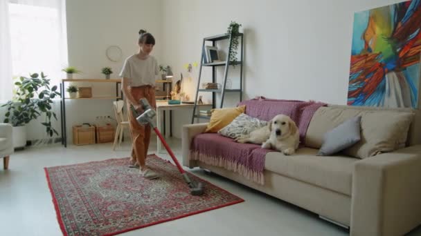 年轻女人用无绳真空打扫客厅的地板 可爱的金毛猎犬躺在沙发上 — 图库视频影像