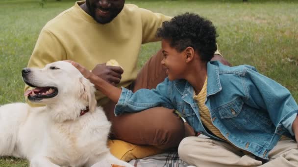 Tilt Shot Happy Little Afro American Boy Sitting Dad Petting — Stockvideo